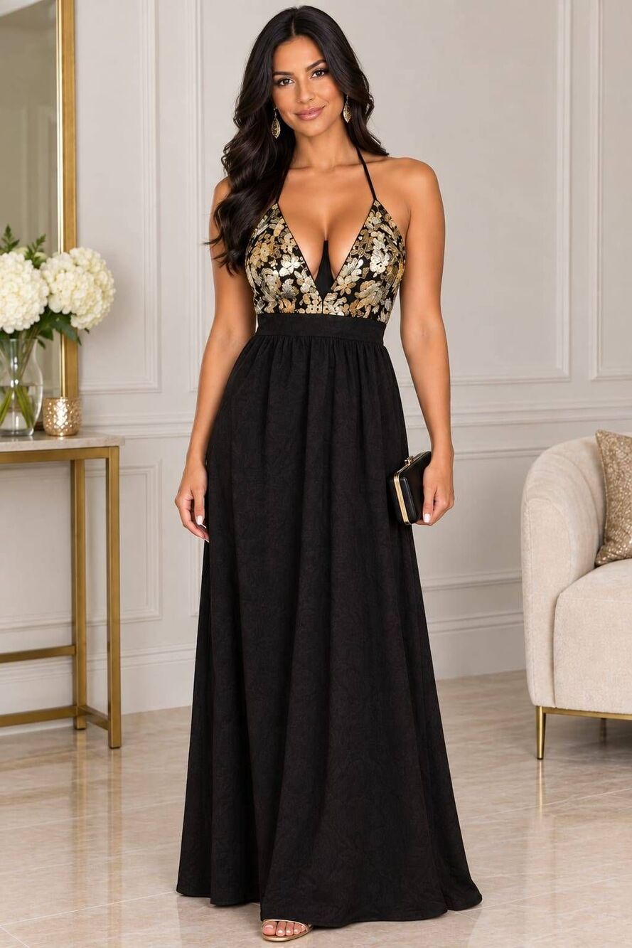 Lovers + Friends Good as Gold Black and Gold Sequin Maxi Dress